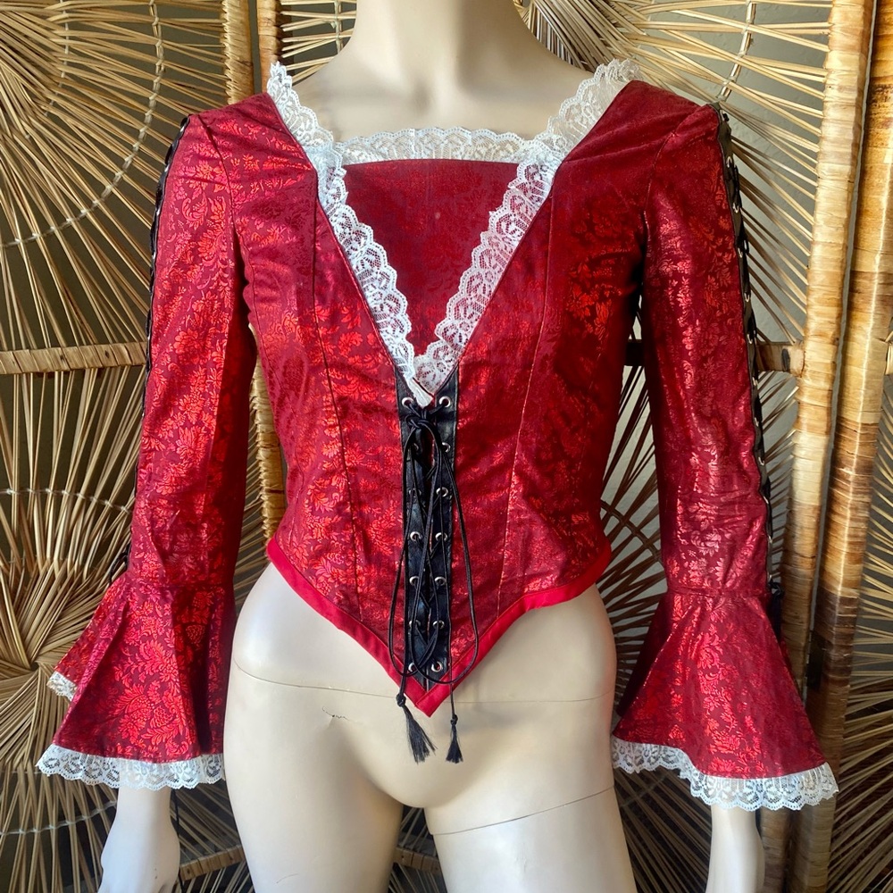 Red Renaissance Corset Top – Lace Trim Bell Sleeve Victorian Goth Vampire Top XS